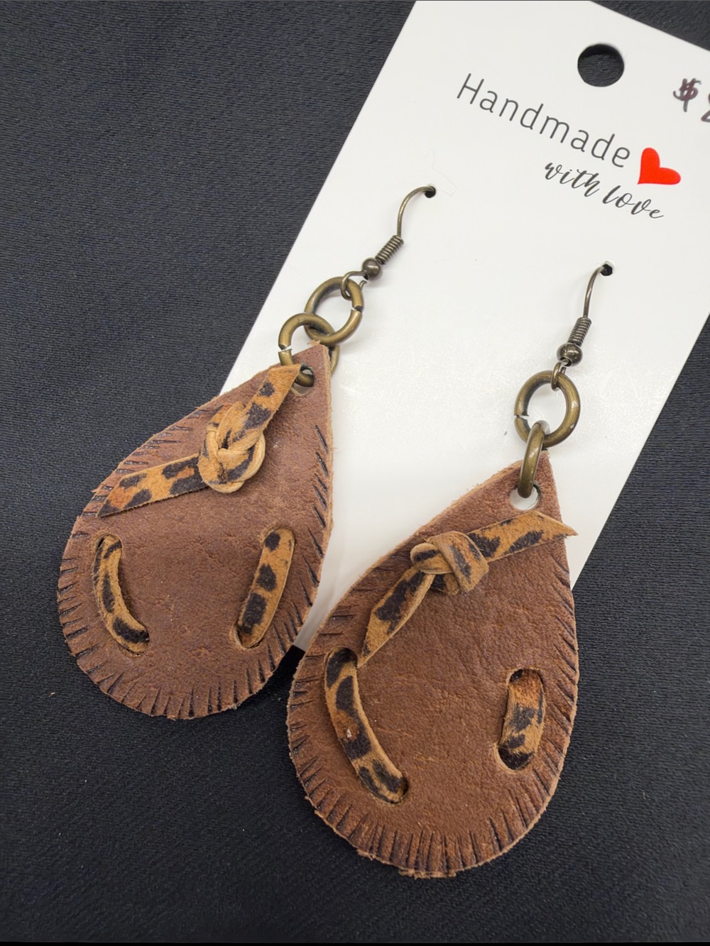 NEW Handmade Brown Leopard Teardrop Leather Earrings
